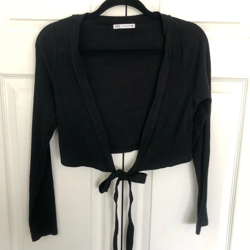 Black Zara Ribbed Wrap Long Sleeve Crop Top Size L